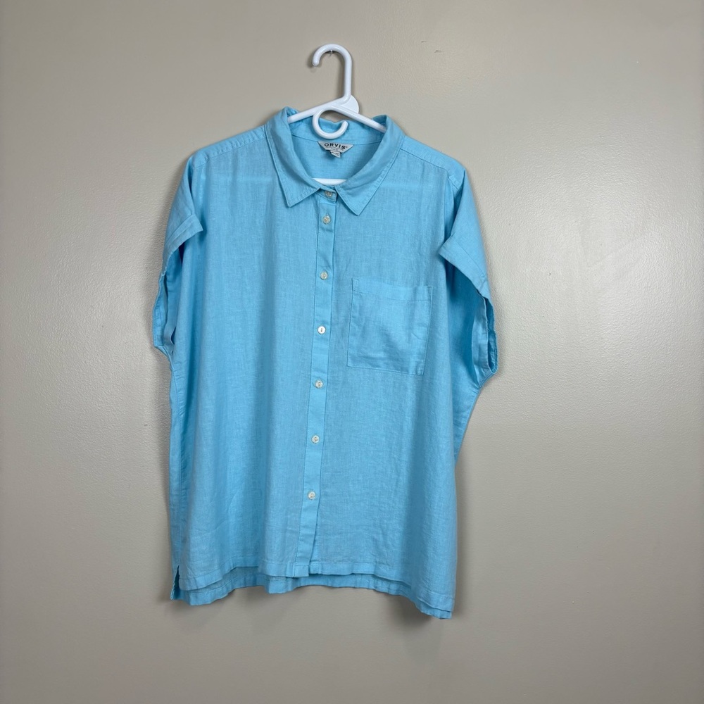 Orvis Top‎ Womens XL Blue Short Sleeve Linen Blend Button Front Coastal Grandma
